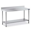 Work table made of stainless steel: two smooth surfaces with rear breastplate (150 x 60 x 85 cm)
